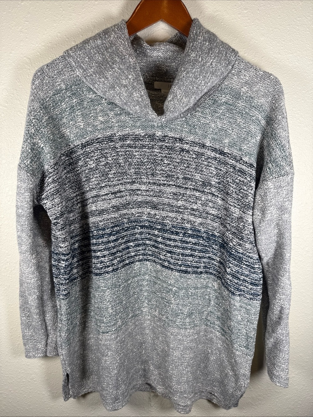 J Jill Wool Sweater Women Medium Grey Blue Cowl Neck Coastal Comfy Nautical